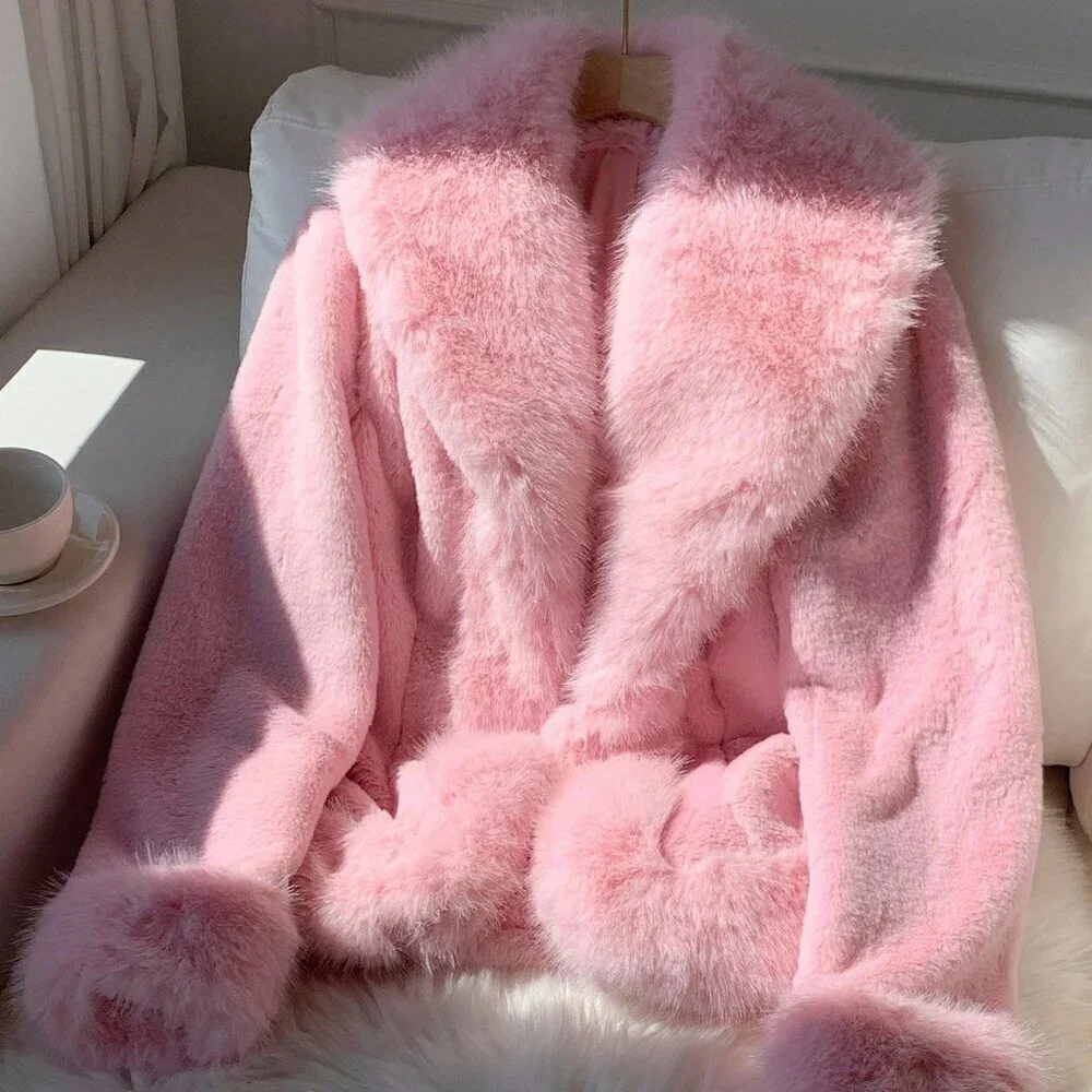 Baby Pink Casual Women's Faux Fur Coat - Picture 1 of 8
